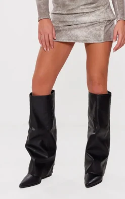 Black Wide Fit PU Fold Over Knee High Block Heeled Western Boots