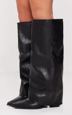 Black Wide Fit PU Fold Over Knee High Block Heeled Western Boots