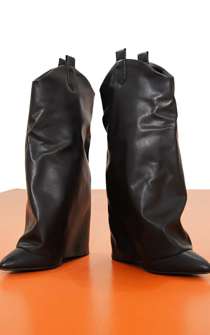 Black Wide Fit Pu Point Toe Fold Over High Heeled Calf High Boots