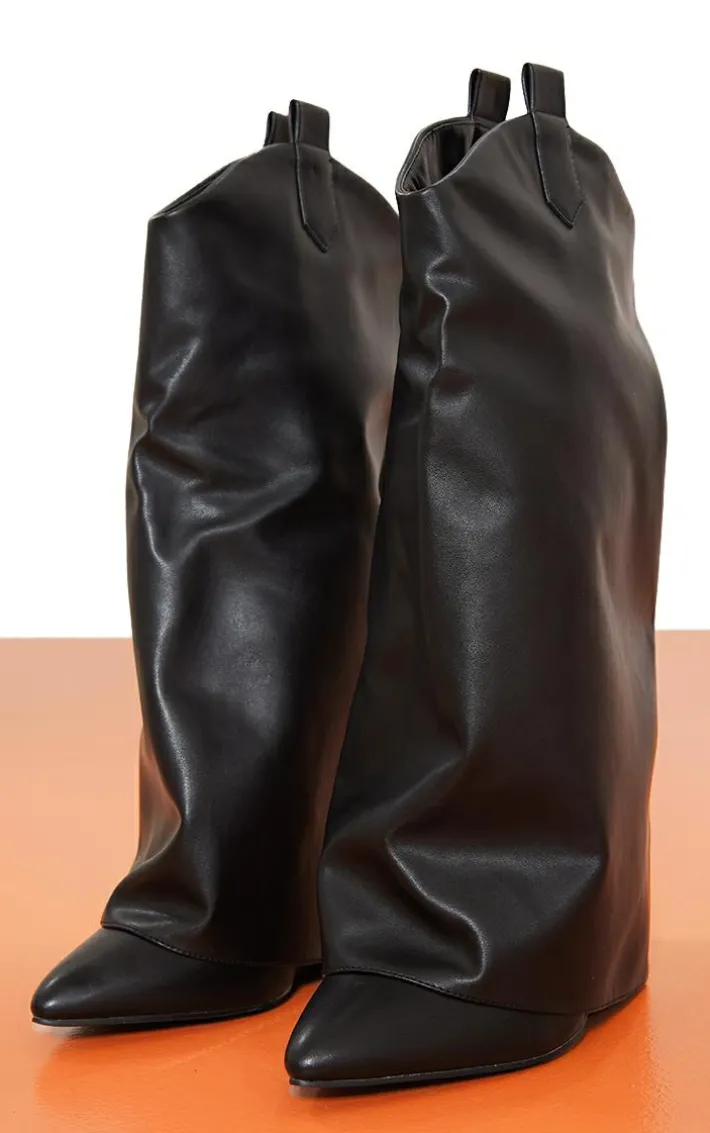 Black Wide Fit Pu Point Toe Fold Over High Heeled Calf High Boots