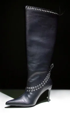 Black Wide Fit Pu Point Toe Laced Eyelet Knee High Heeled Boots