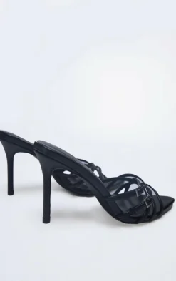 Black Wide Fit PU Point Toe Cross Strap Buckle Heeled Mules