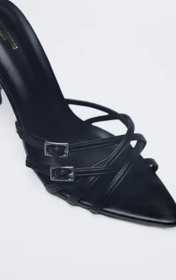 Black Wide Fit PU Point Toe Cross Strap Buckle Heeled Mules