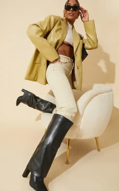 Black Wide Fit Pu Pointed Fold Over Block Heel Knee Boots