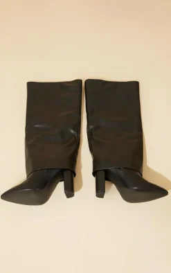 Black Wide Fit Pu Pointed Fold Over Block Heel Knee Boots