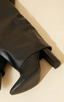 Black Wide Fit Pu Pointed Fold Over Block Heel Knee Boots