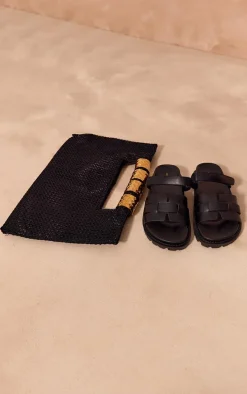 Black Wide Fit PU Round Toe Velcro Strap Chunky Sandals