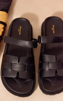 Black Wide Fit PU Round Toe Velcro Strap Chunky Sandals