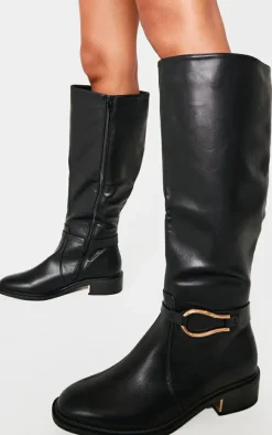 Black Wide Fit Pu Round Toe Gold Buckle Block Heel Knee High Boots