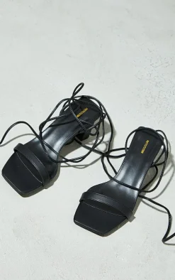 Black Wide Fit PU Square Toe Lace Up Low Block Heeled Sandals