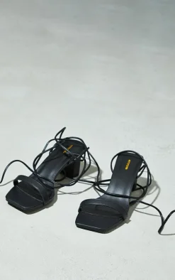 Black Wide Fit PU Square Toe Lace Up Low Block Heeled Sandals