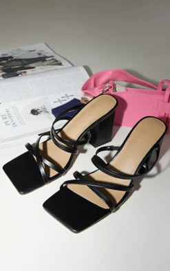 Black Wide Fit PU Square Toe Cross Over Straps Block Heeled Mules