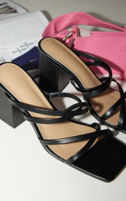 Black Wide Fit PU Square Toe Cross Over Straps Block Heeled Mules