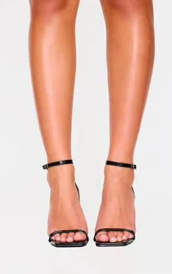 Black Wide Fit PU Square Toe Strappy High Block Heeled Sandals