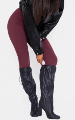 Black Wide Fit PU Square Toe Knee High Block Heel Toggle Boots