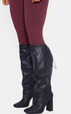 Black Wide Fit PU Square Toe Knee High Block Heel Toggle Boots