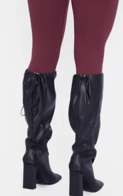 Black Wide Fit PU Square Toe Knee High Block Heel Toggle Boots