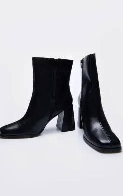 Black Wide Fit PU Square Toe Block Heeled Ankle Boots