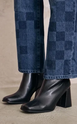 Black Wide Fit PU Square Toe Block Heeled Ankle Boots