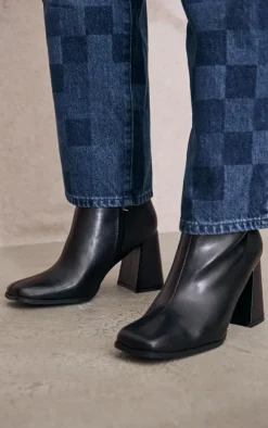 Black Wide Fit PU Square Toe Block Heeled Ankle Boots