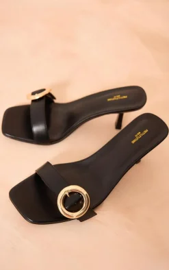 Black Wide Fit Pu Square Toe Buckle Detail Low Heeled Mules