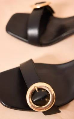 Black Wide Fit Pu Square Toe Buckle Detail Low Heeled Mules