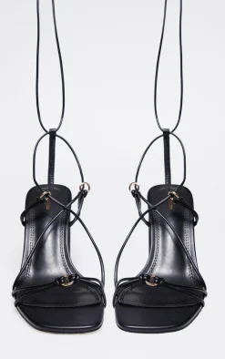 Black Wide Fit PU Square Toe Lace Up Block Heeled Sandals