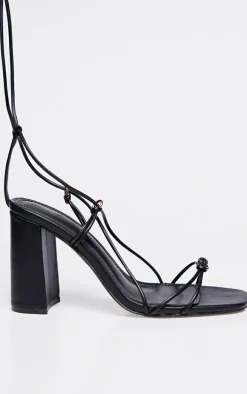 Black Wide Fit PU Square Toe Lace Up Block Heeled Sandals