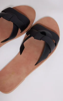 Black Wide Fit Real Leather Wrap Strap Mule Sandals