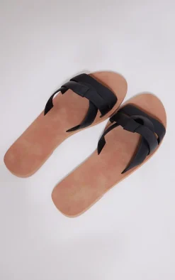 Black Wide Fit Real Leather Wrap Strap Mule Sandals