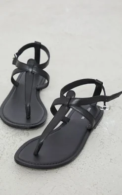 Black Wide Fit Real Leather Basic Toe Thong Strap Flat Sandals