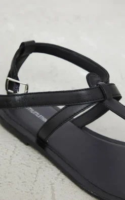 Black Wide Fit Real Leather Basic Toe Thong Strap Flat Sandals