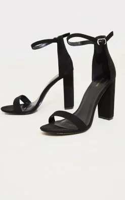 Black Wide Fit Round Toe Faux Suede Block Heeled Sandals