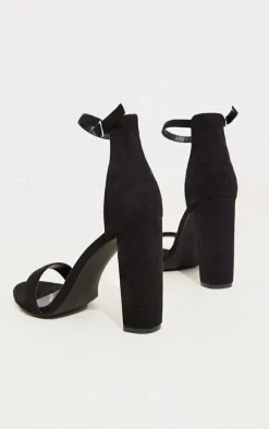 Black Wide Fit Round Toe Faux Suede Block Heeled Sandals