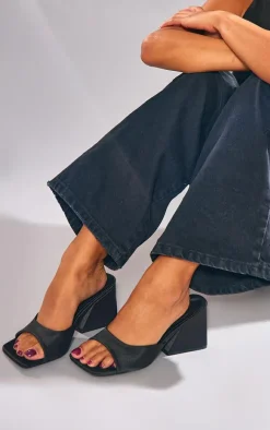 Black Wide Fit Square Toe Satin Block Heeled Mules