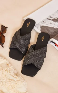 Black Wide Fit Square Toe Cross Strap Flat Sandals