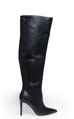 Black Wide Fit Weave Pu Point Toe Over The Knee Heeled Boots