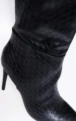 Black Wide Fit Weave Pu Point Toe Over The Knee Heeled Boots