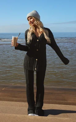 Black Wide Rib Knitted Trouserss