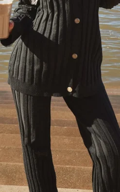 Black Wide Rib Knitted Trouserss