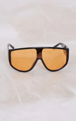 Black With Orange Lens Oversized Visor Sunglasses
