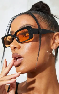 Black With Orange Lens Square Frame Sunglasses