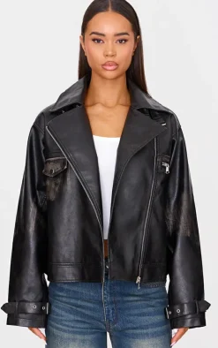 Black Worn Faux Leather Oversized Biker Jacket