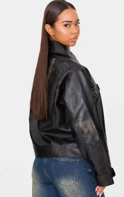 Black Worn Faux Leather Oversized Biker Jacket