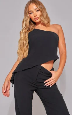 Black Woven Asymmetric Frill Detail One Shoulder Top