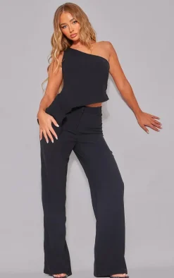 Black Woven Asymmetric Frill Detail One Shoulder Top