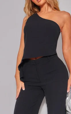 Black Woven Asymmetric Frill Detail One Shoulder Top
