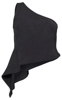 Black Woven Asymmetric Frill Detail One Shoulder Top