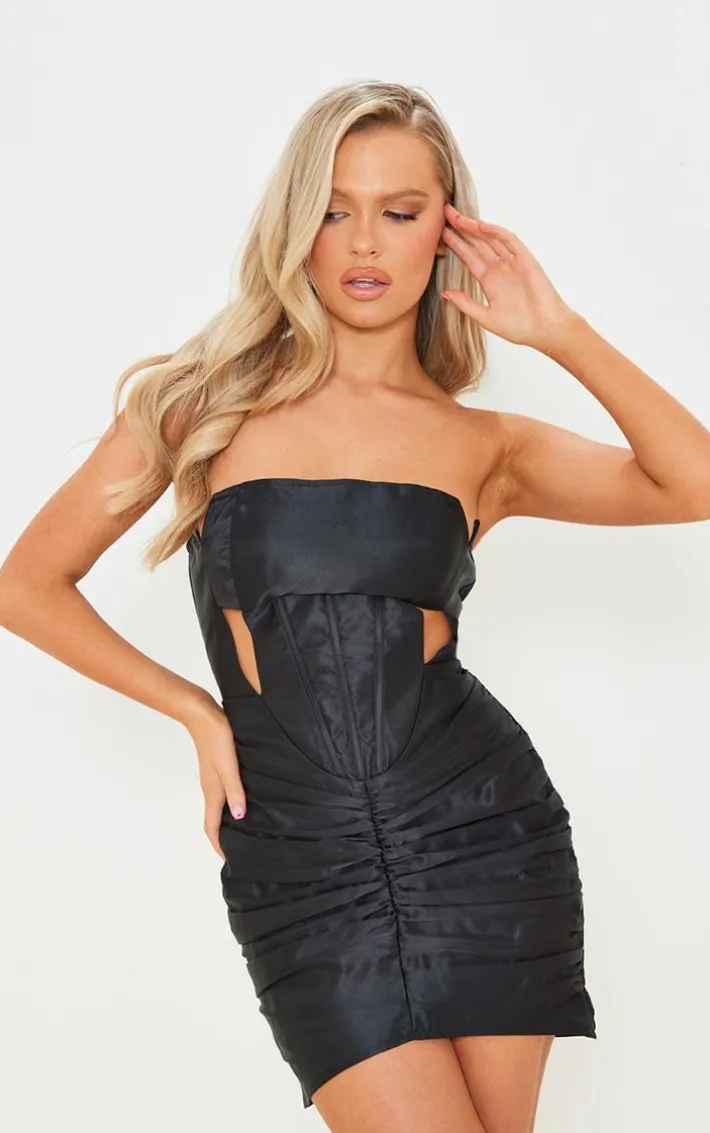 Black Woven Bandeau Cut Out Ruched Bodycon Dress