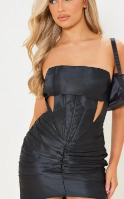 Black Woven Bandeau Cut Out Ruched Bodycon Dress